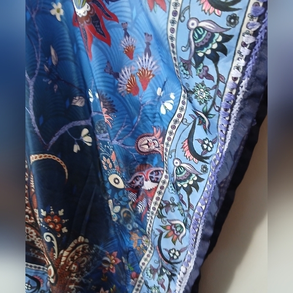 Handmade 100% Polysilk Embroidered Blue Purple Floral Artsy Caftan Cover-up OS - Picture 3 of 8